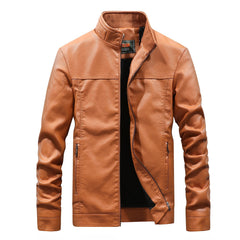 Men's Stand Collar Solid Color Leather Jacket