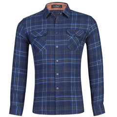 Men's Cotton Flannel Plaid Double Pocket Long Sleeve Shirt