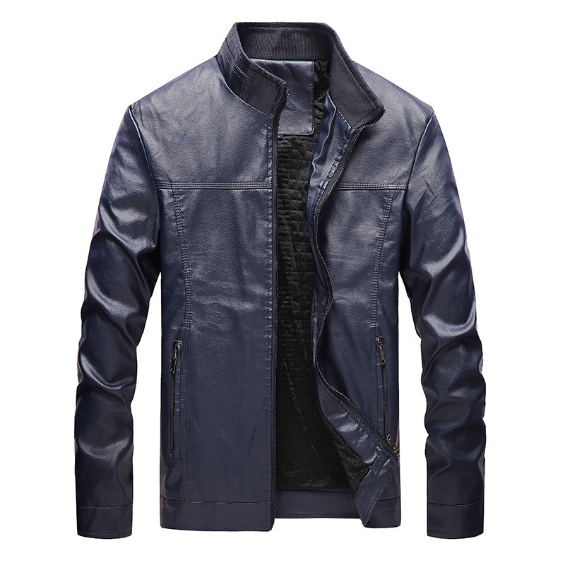 Men's Stand Collar Solid Color Leather Jacket