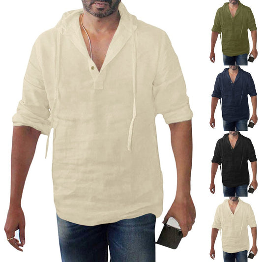 Men's New Summer Cotton and Linen Fashion Casual Hooded Shirt