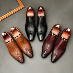 Men's High-end Business Casual Breathable Crocodile Pattern Pointed Leather Shoes