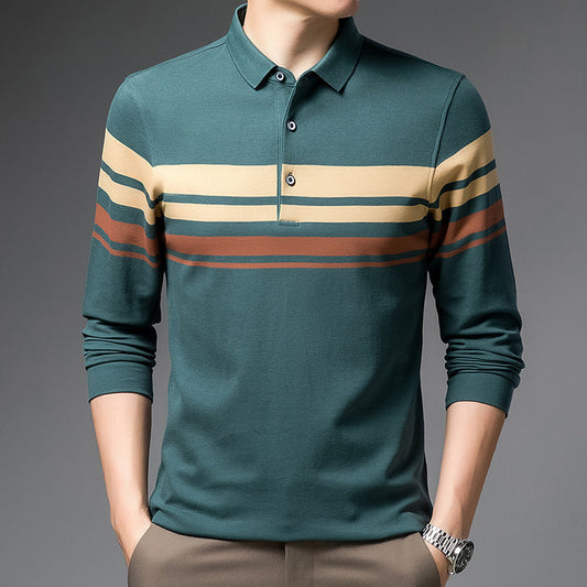 Men's long-sleeved lapel striped polo shirt
