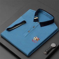 Striped Neckline Embroidered Polo Shirt
