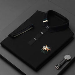 Striped Neckline Embroidered Polo Shirt