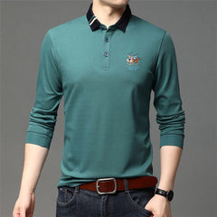 Striped Neckline Embroidered Polo Shirt