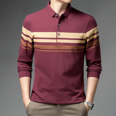 Men's long-sleeved lapel striped polo shirt