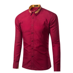 Men's Fashionable Collar Embroidered Solid Color Long Sleeve Loose Shirt