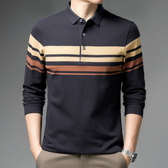 Men's long-sleeved lapel striped polo shirt