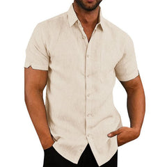 Men's solid color short-sleeved linen buttons shirt