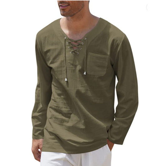 New Style Men's Cotton and Linen Fashion Casual Lace-up V-neck Long-sleeved Shirt