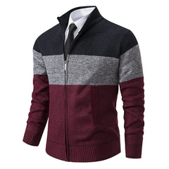 Men's Stand Collar Color Matching Plus Velvet Thickened Knitted Jacket