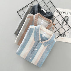 Men's Striped Color Block Linen Casual Long Sleeve Shirt