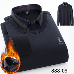 Men's Seamless Fake Two-piece Velvet Thickened Cotton Knitted Shirt