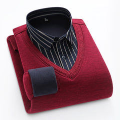 Men's Fake Two-piece Striped V-neck Business Warm Knitted Shirt