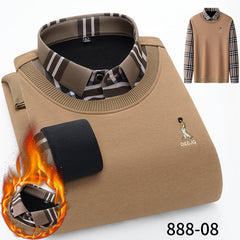Men's Seamless Fake Two-piece Velvet Thickened Cotton Knitted Shirt