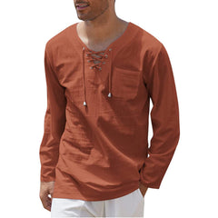 New Style Men's Cotton and Linen Fashion Casual Lace-up V-neck Long-sleeved Shirt