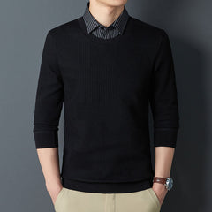 High-end fake two piece men's long sleeve shirt sweater