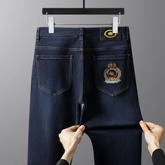 Men's Winter Thickened High-end Fashion Embroidered Stretch Straight Jeans