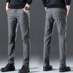 Men's Plaid Cotton and Linen Stretch Casual Trousers
