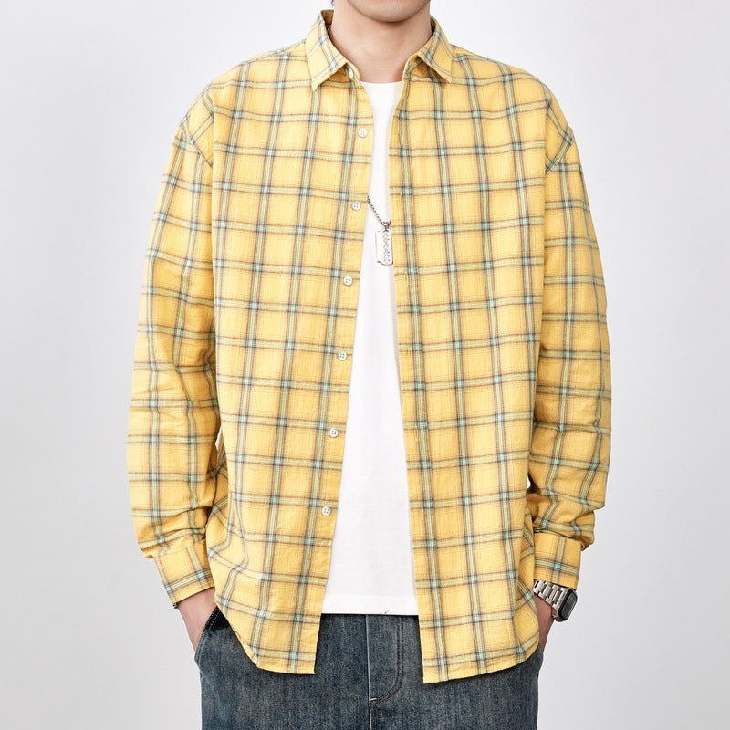 Men's Spring 2024 100% Cotton Loose Plaid Striped Shirt