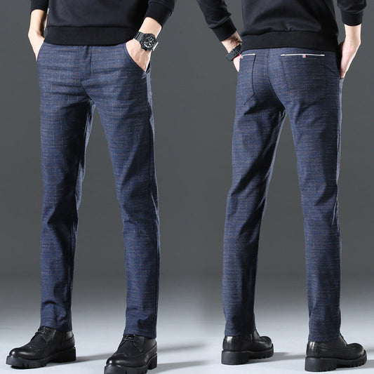Men's Plaid Cotton and Linen Stretch Casual Trousers
