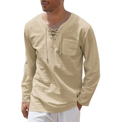 New Style Men's Cotton and Linen Fashion Casual Lace-up V-neck Long-sleeved Shirt