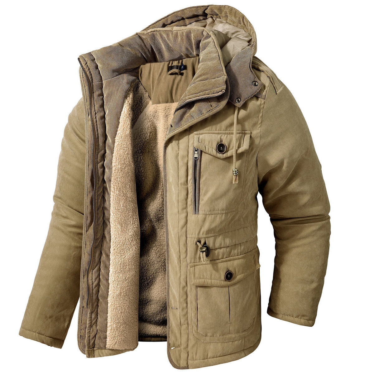 Men's Thick Multi-Pocket Lambswool Hooded Cotton Jacket