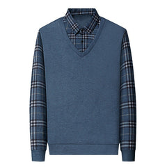 Men's Fake Two Piece Wool Silk Slim Fit Plaid Shirt