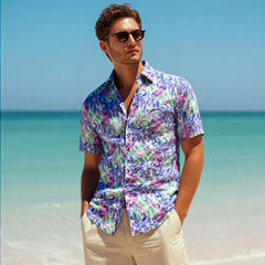 Men's Casual Elastic Ice Silk Large Size Hawaiian Holiday Beach Short-sleeved Shirt