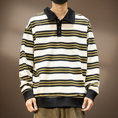 Men's Retro Striped Contrast Color Casual Long Sleeve Polo Shirt