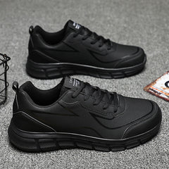 Men's Large Size Leather Waterproof Casual Running Black Sports Shoes
