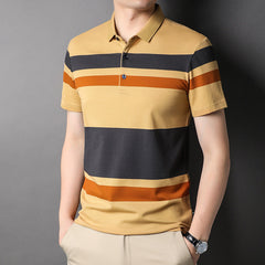 Contrasting striped lapel short-sleeved polo shirt