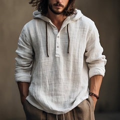 Men's Casual Cotton and Linen Shirt Hooded Sweatshirt