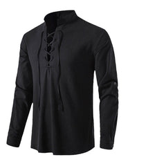 Men's V-neck Lace-up Cotton and Linen Loose Casual Stand-collar Shirt