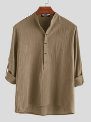 Men's Casual Loose Solid Color Cotton Linen Long Sleeve Shirt