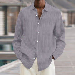 Men's Lapel Loose Button Cotton and Linen Striped Shirt
