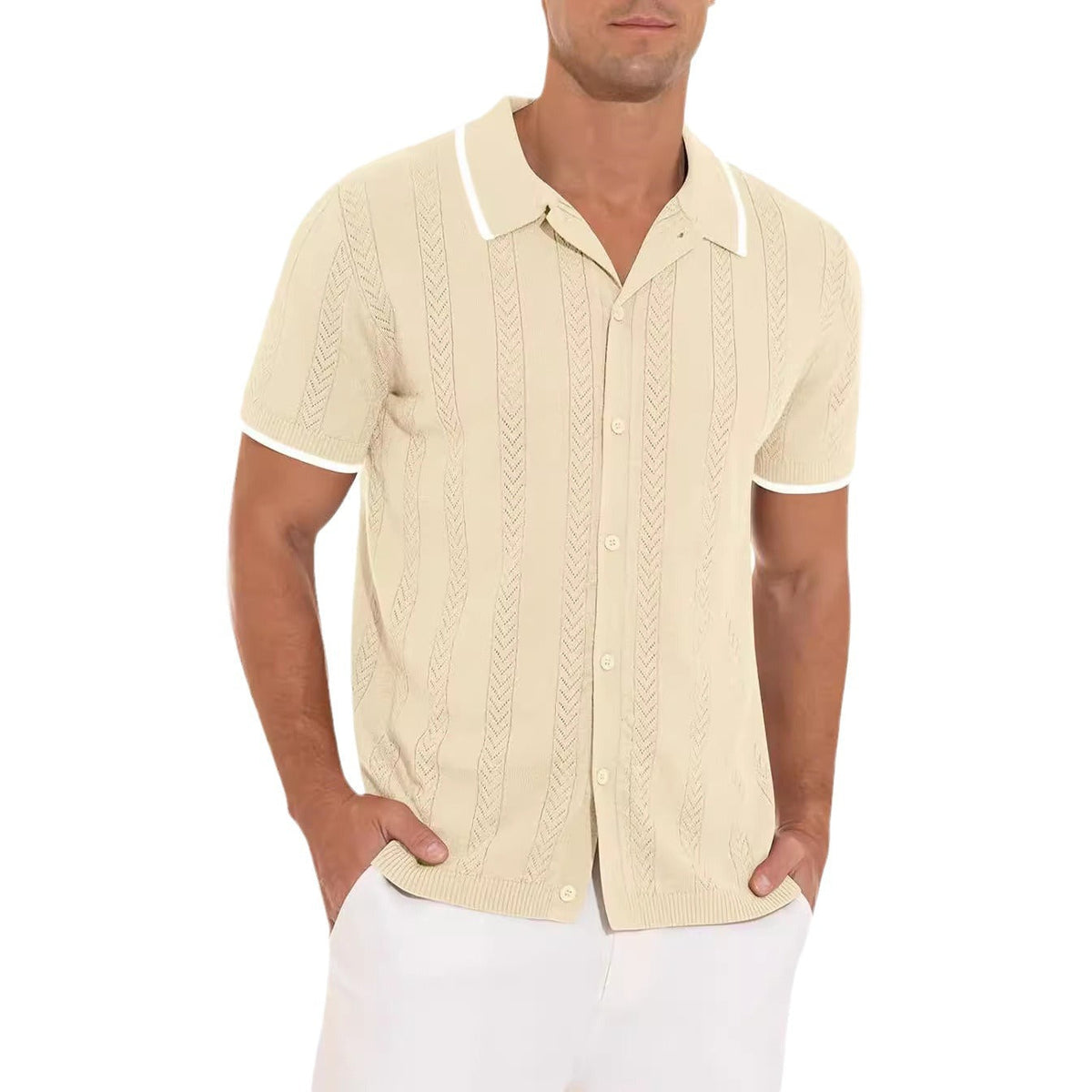 Men's Fashionable and Casual Patchwork Color Hollow Breathable and Comfortable Shirt