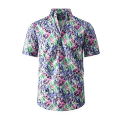 Men's Casual Elastic Ice Silk Large Size Hawaiian Holiday Beach Short-sleeved Shirt