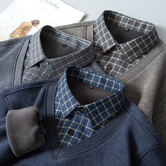 Men's Velvet High-end Jacquard Fake Two-piece Knitted Shirt
