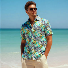Men's Casual Elastic Ice Silk Large Size Hawaiian Holiday Beach Short-sleeved Shirt