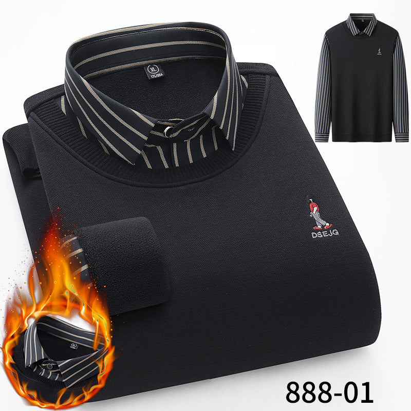 Men's Seamless Fake Two-piece Velvet Thickened Cotton Knitted Shirt