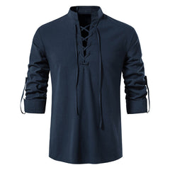 Men's V-neck Lace-up Cotton and Linen Loose Casual Stand-collar Shirt