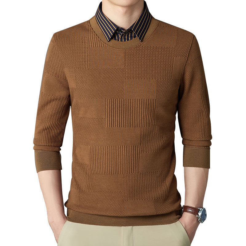High-end fake two piece men's long sleeve shirt sweater