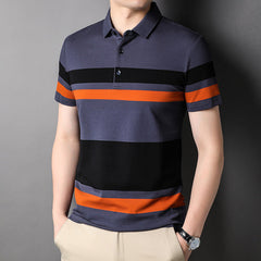 Contrasting striped lapel short-sleeved polo shirt