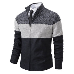 Men's Stand Collar Color Matching Plus Velvet Thickened Knitted Jacket