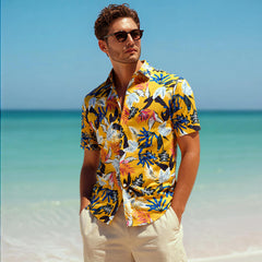 Men's Casual Elastic Ice Silk Large Size Hawaiian Holiday Beach Short-sleeved Shirt