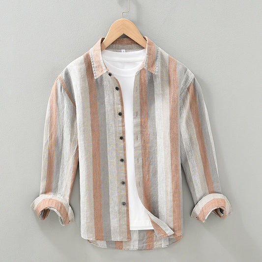 Men's Striped Color Block Linen Casual Long Sleeve Shirt