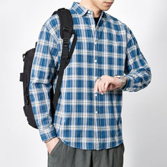 Men's Spring 2024 100% Cotton Loose Plaid Striped Shirt