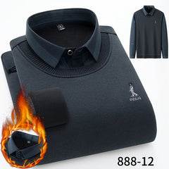 Men's Seamless Fake Two-piece Velvet Thickened Cotton Knitted Shirt
