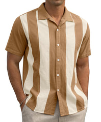 2024 Summer Contrast Stripe Stitching Short-sleeved Loose Casual Shirt